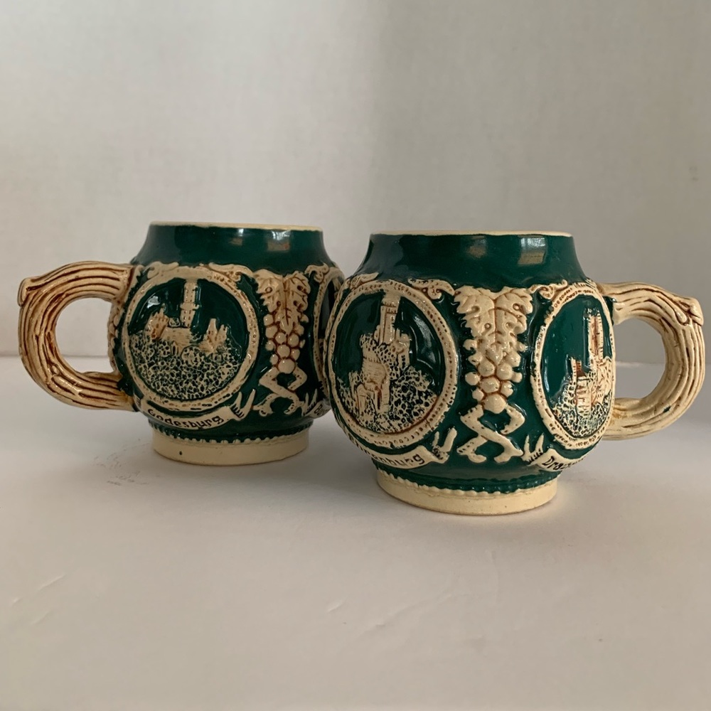 Old, made in Germany, 2 mugs German Castles. Green and beige BEAUTIFUL